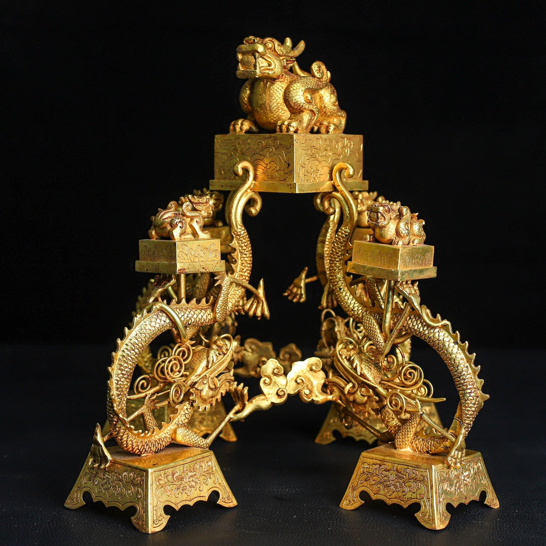 A0593 A Set Superb Vintage Chinese Gilt Gold Copper Five Dragon Seal w Base