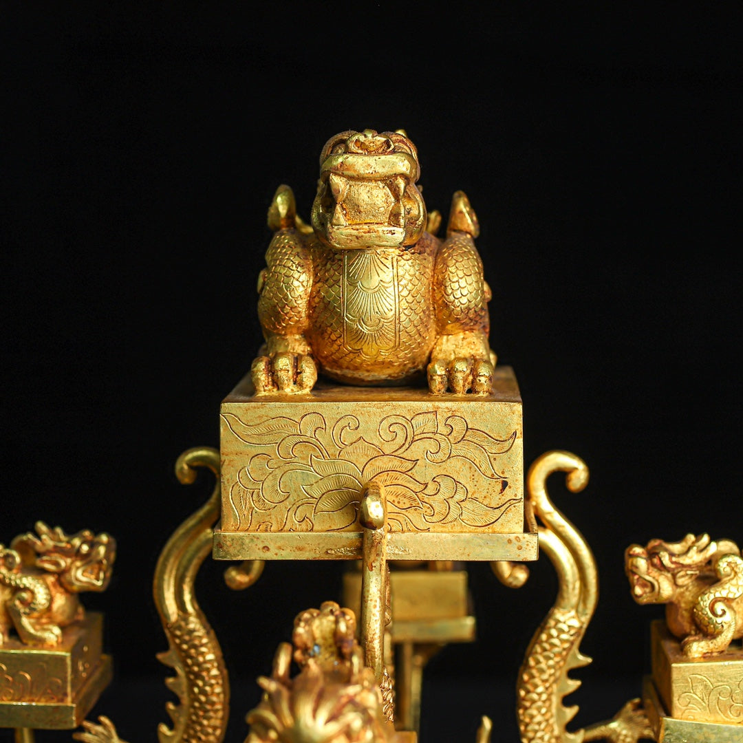 A0593 A Set Superb Vintage Chinese Gilt Gold Copper Five Dragon Seal w Base