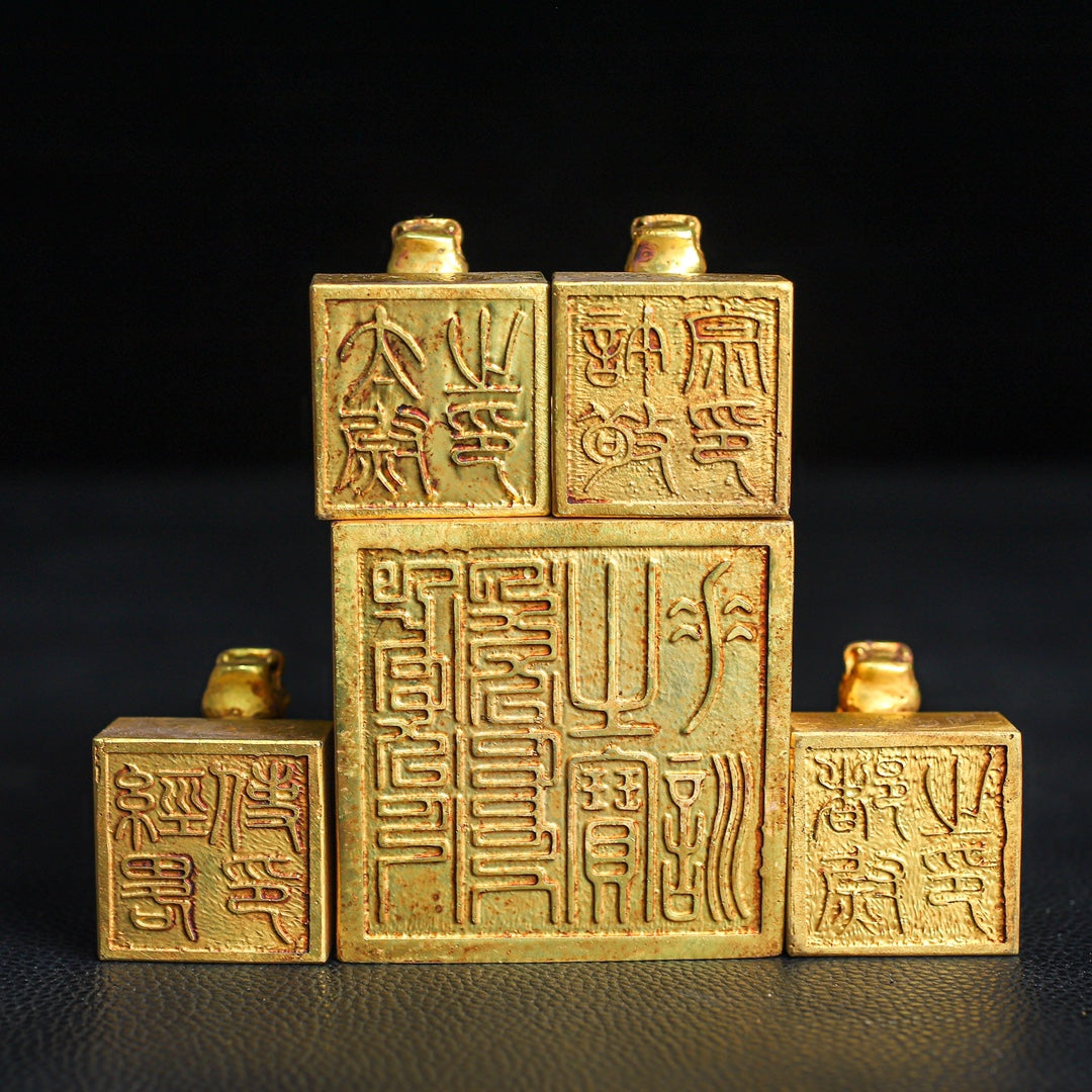 A0593 A Set Superb Vintage Chinese Gilt Gold Copper Five Dragon Seal w Base