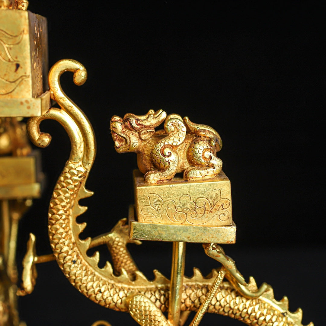 A0593 A Set Superb Vintage Chinese Gilt Gold Copper Five Dragon Seal w Base