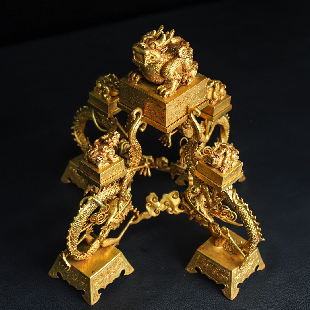A0593 A Set Superb Vintage Chinese Gilt Gold Copper Five Dragon Seal w Base