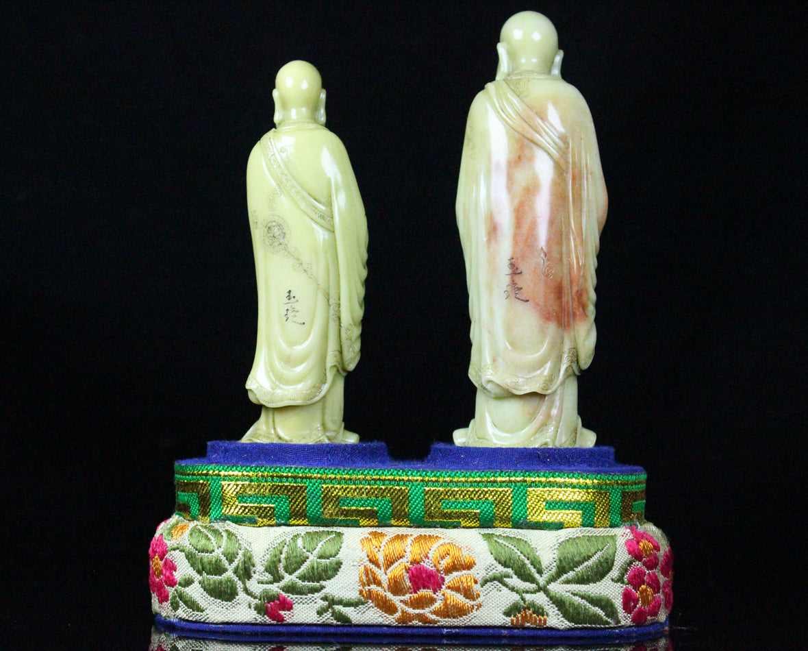 A0595 A Pair Chinese Shoushan Stone Carved Arhat Statue