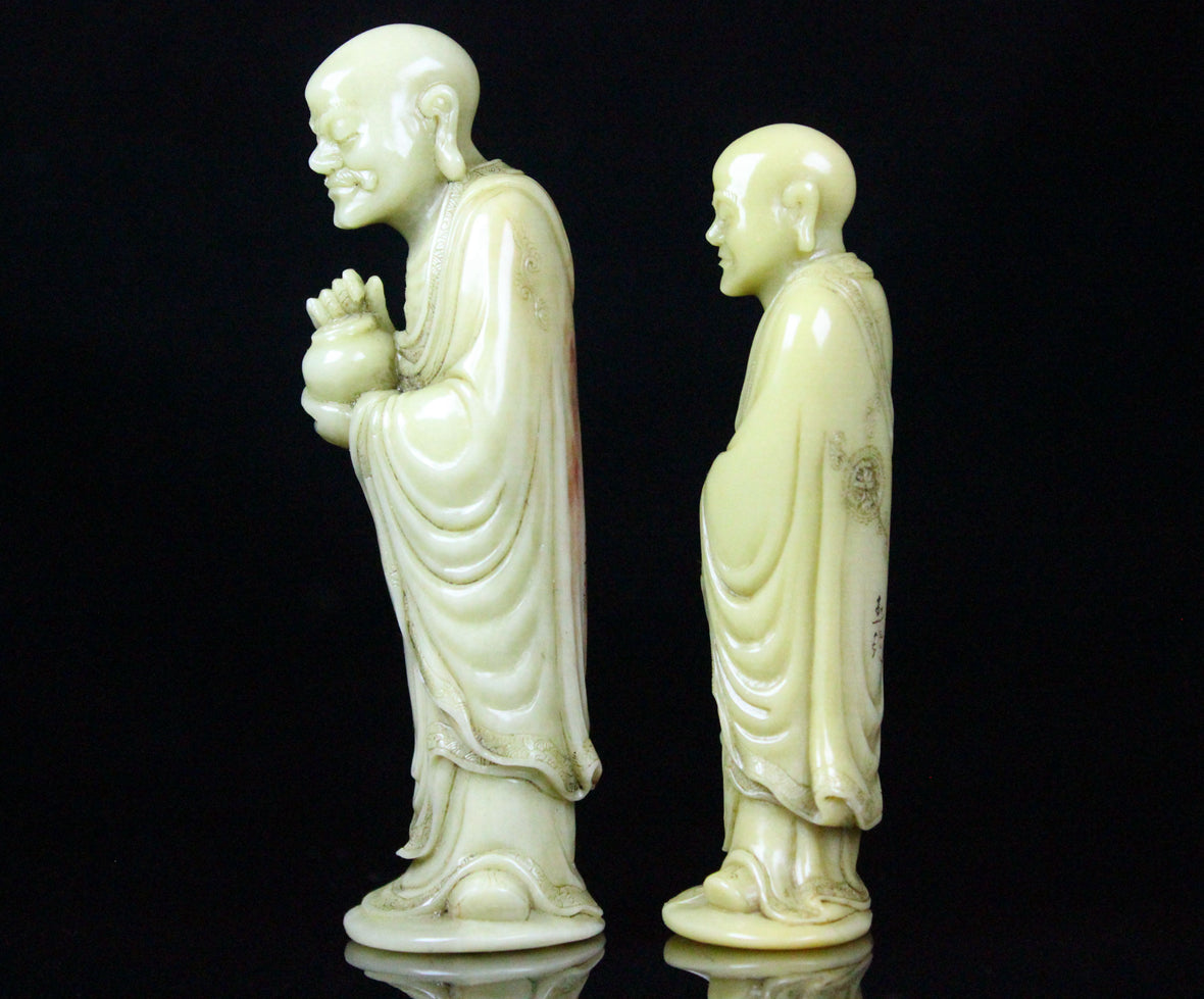 A0595 A Pair Chinese Shoushan Stone Carved Arhat Statue