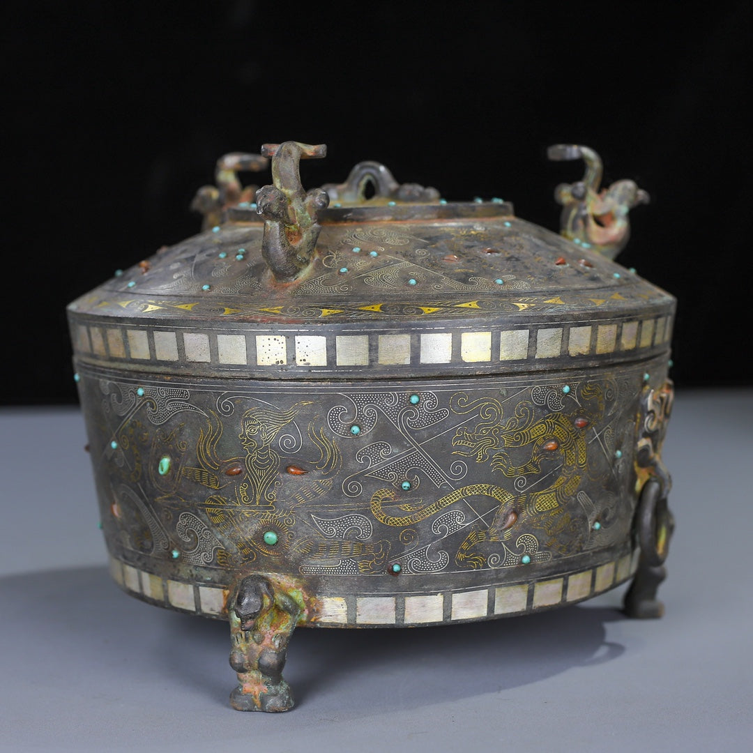 A0597 Vintage Chinese Silver Plated Gilt Gold Bronze Inlay Gems Phoenix Incense Burner
