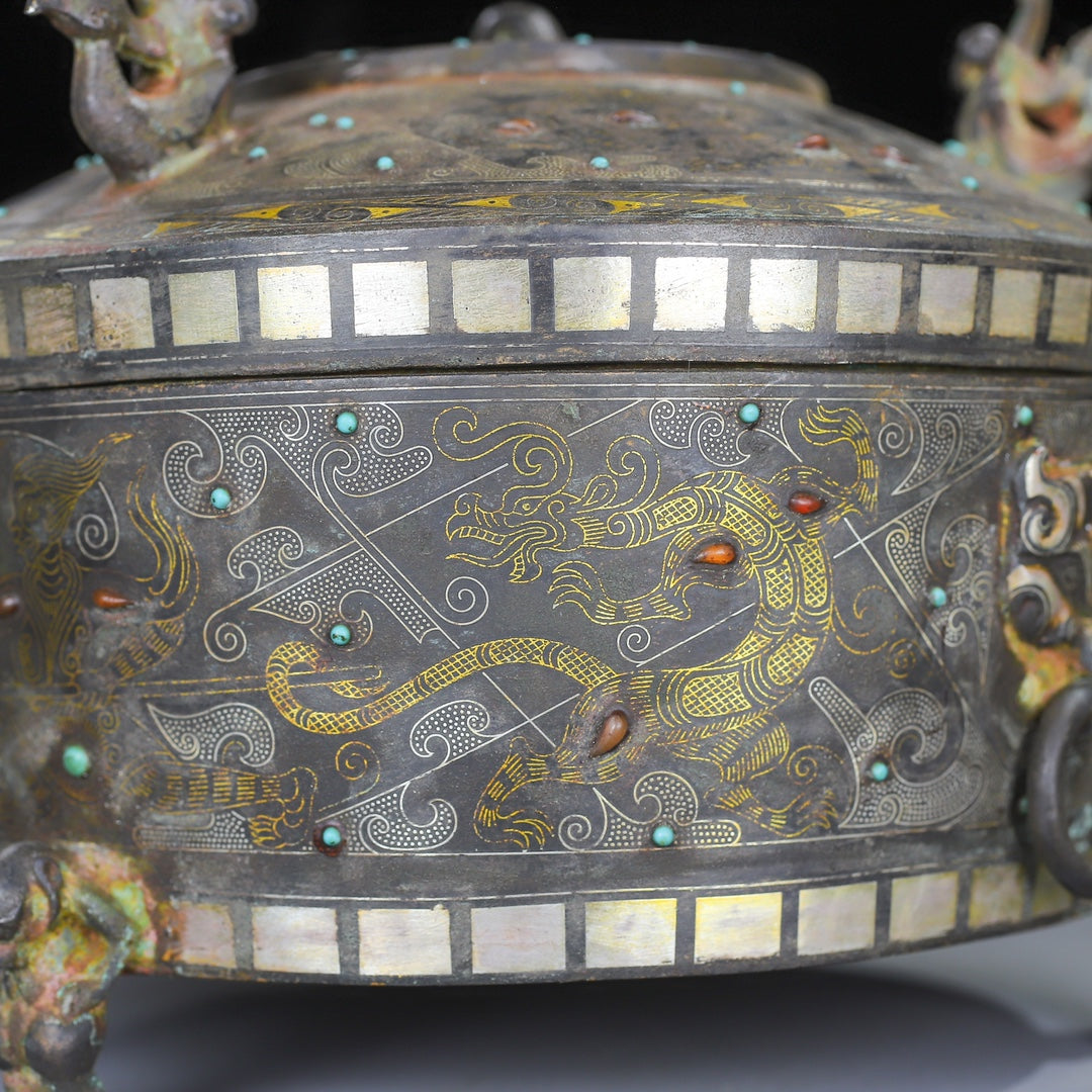 A0597 Vintage Chinese Silver Plated Gilt Gold Bronze Inlay Gems Phoenix Incense Burner
