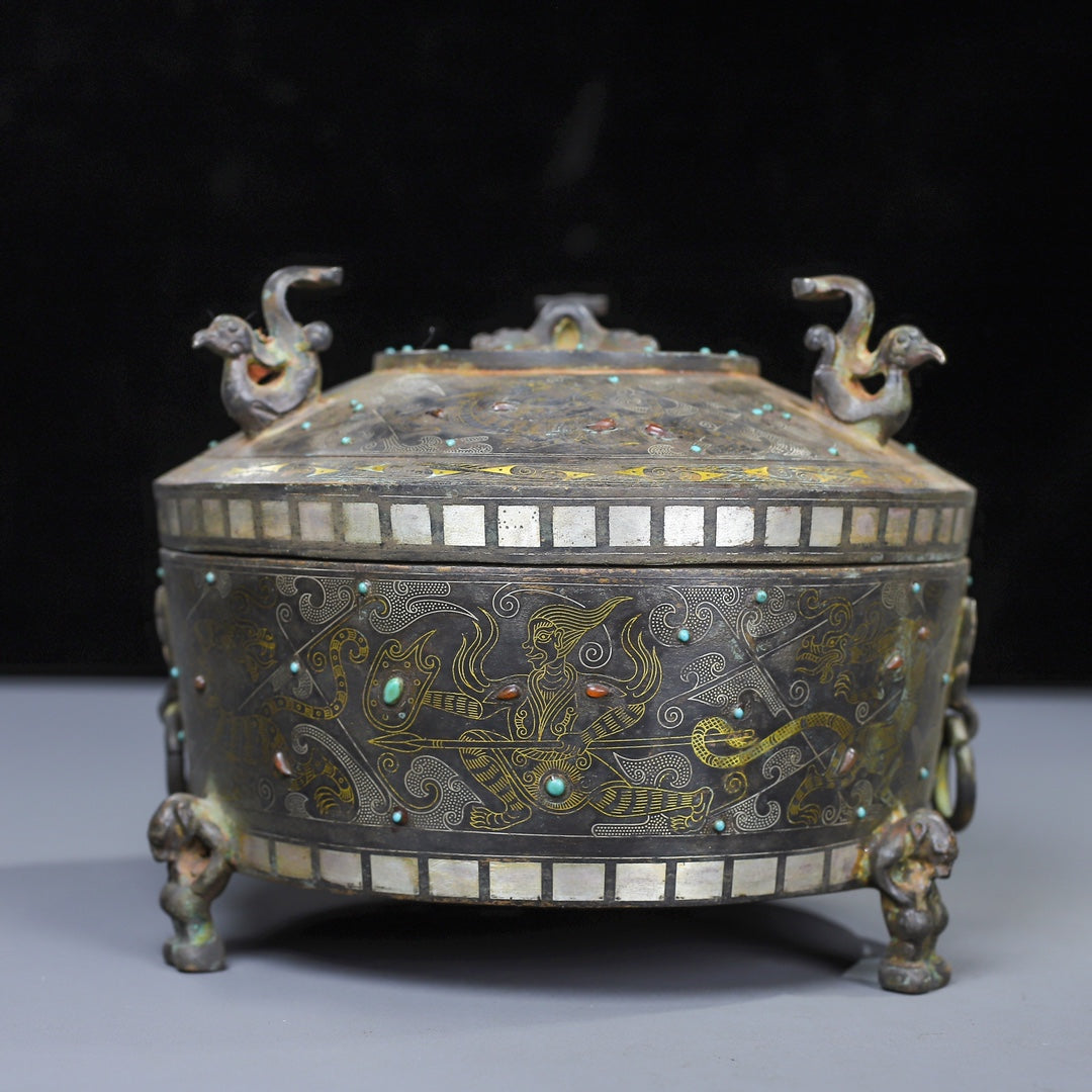 A0597 Vintage Chinese Silver Plated Gilt Gold Bronze Inlay Gems Phoenix Incense Burner