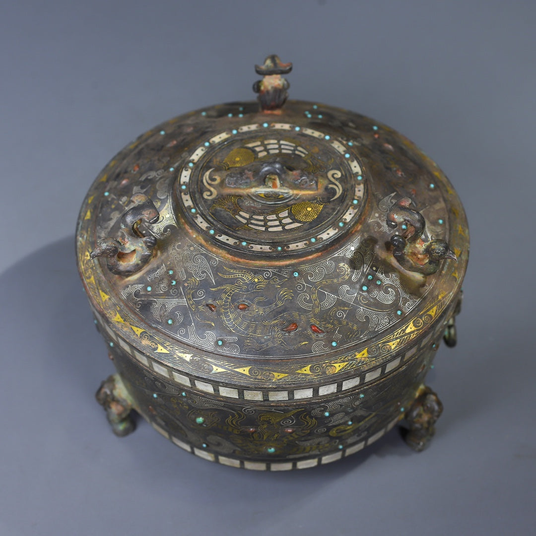 A0597 Vintage Chinese Silver Plated Gilt Gold Bronze Inlay Gems Phoenix Incense Burner