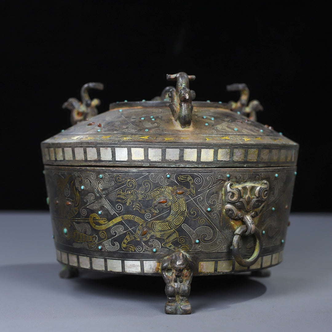 A0597 Vintage Chinese Silver Plated Gilt Gold Bronze Inlay Gems Phoenix Incense Burner