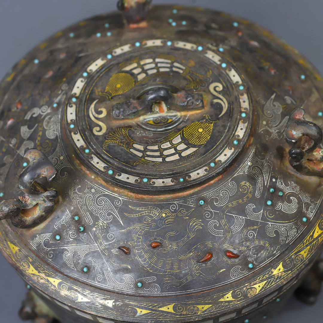 A0597 Vintage Chinese Silver Plated Gilt Gold Bronze Inlay Gems Phoenix Incense Burner