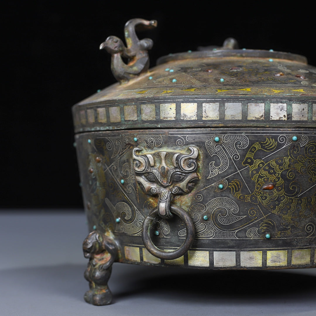 A0597 Vintage Chinese Silver Plated Gilt Gold Bronze Inlay Gems Phoenix Incense Burner
