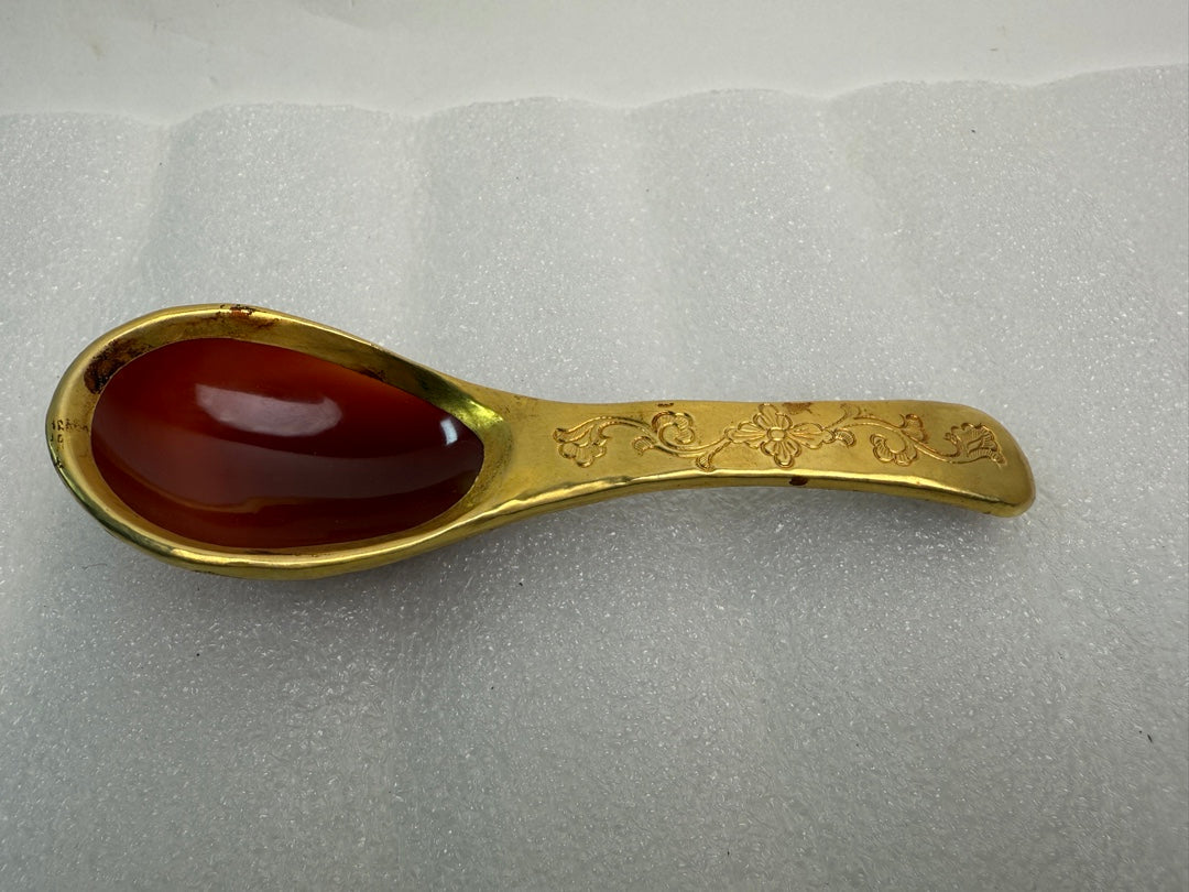 A0598 Chinese Red Agate Inlaying Gold Edge Flower Design Bowl & Chopsticks