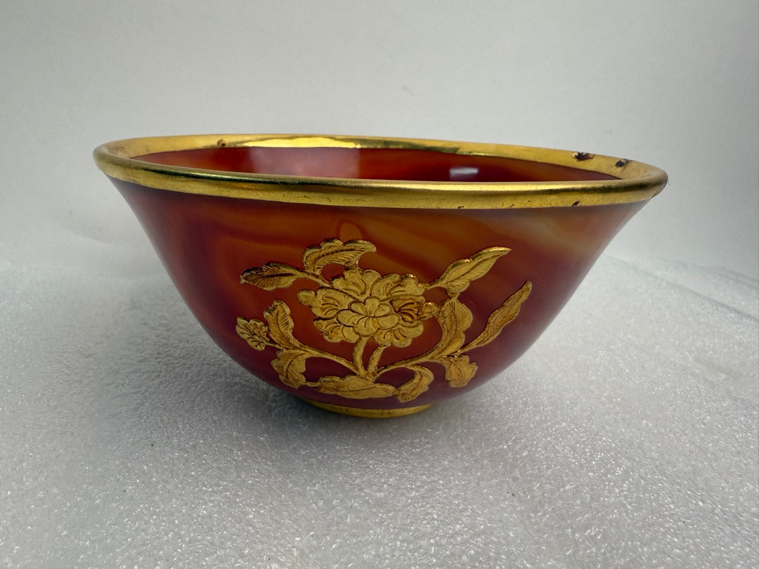 A0598 Chinese Red Agate Inlaying Gold Edge Flower Design Bowl & Chopsticks