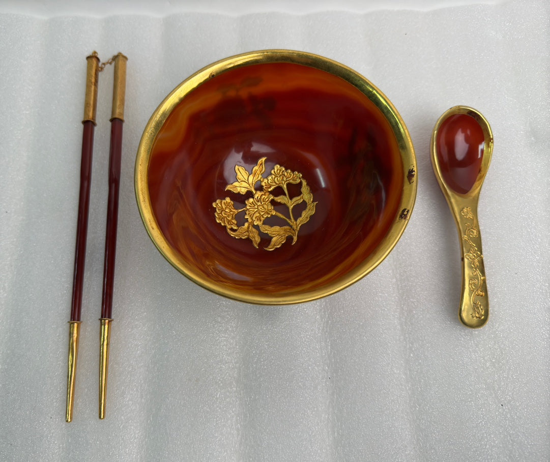 A0598 Chinese Red Agate Inlaying Gold Edge Flower Design Bowl & Chopsticks