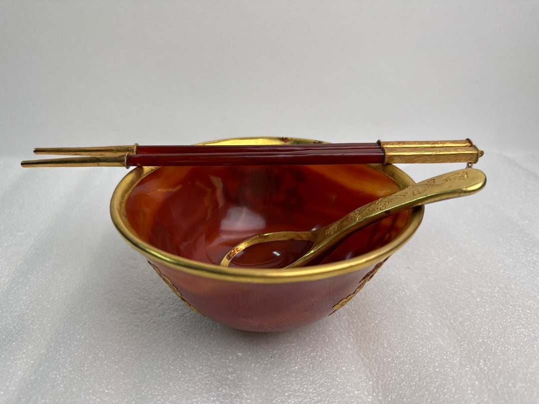A0598 Chinese Red Agate Inlaying Gold Edge Flower Design Bowl & Chopsticks