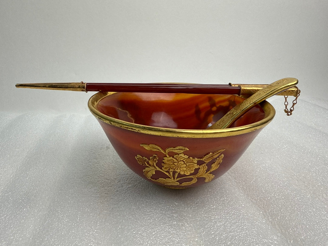 A0598 Chinese Red Agate Inlaying Gold Edge Flower Design Bowl & Chopsticks