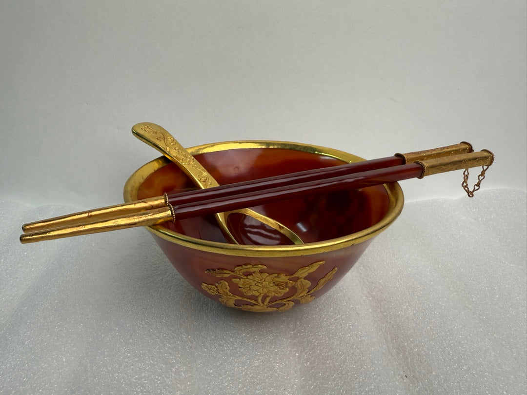 A0598 Chinese Red Agate Inlaying Gold Edge Flower Design Bowl & Chopsticks