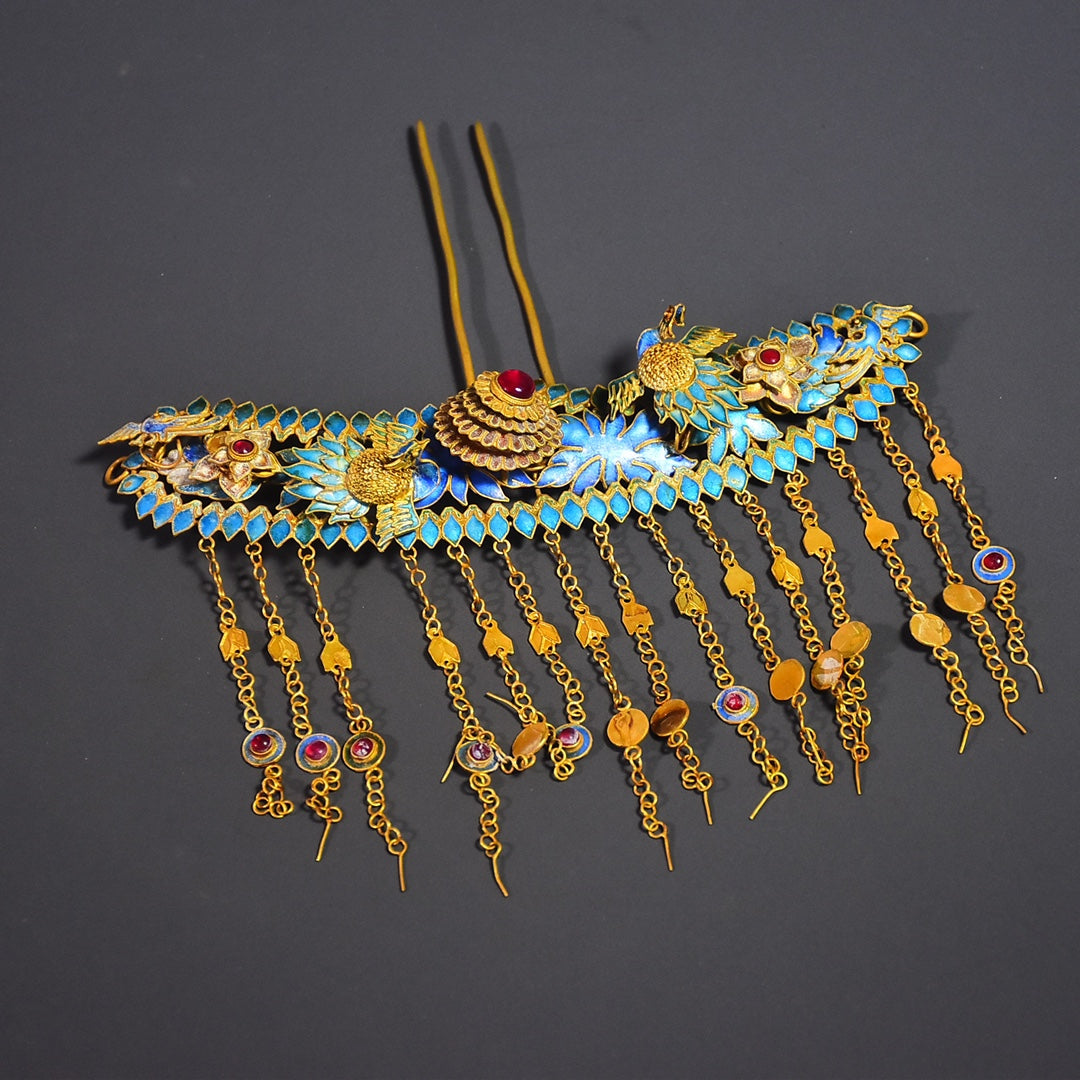 A0600 Exquisite Gold Wires Enamel Inlay Gem Hairpin
