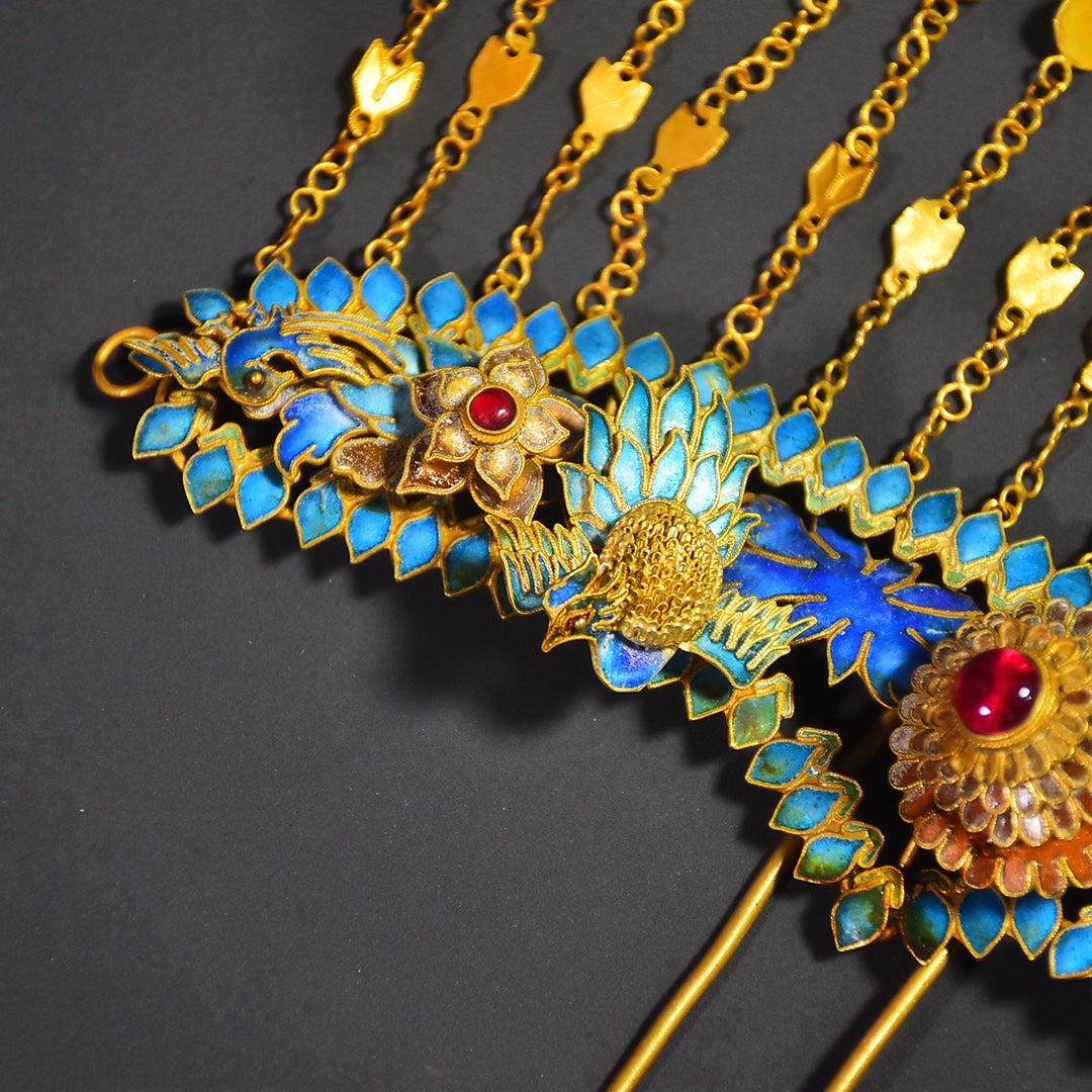 A0600 Exquisite Gold Wires Enamel Inlay Gem Hairpin
