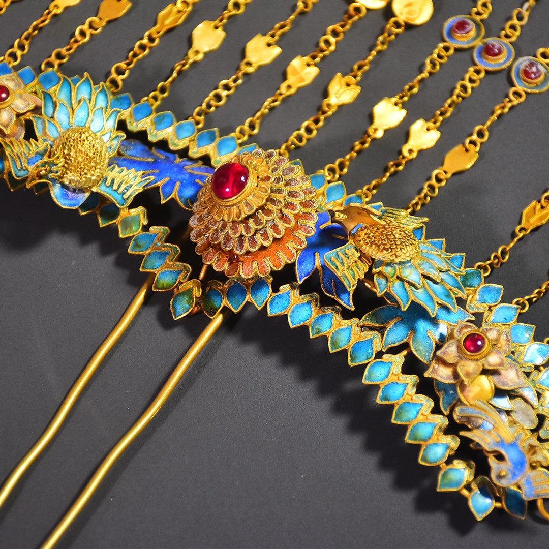 A0600 Exquisite Gold Wires Enamel Inlay Gem Hairpin