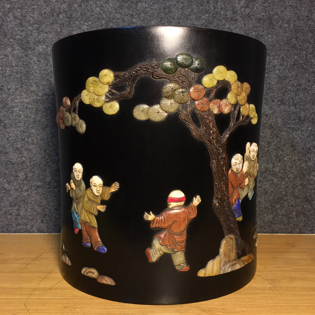 A0603 Chinese Zitan Wood Inlay Shoushan Stone & Shell & Lapis Lazuli & Turquoise Urchin Design Brush Pot