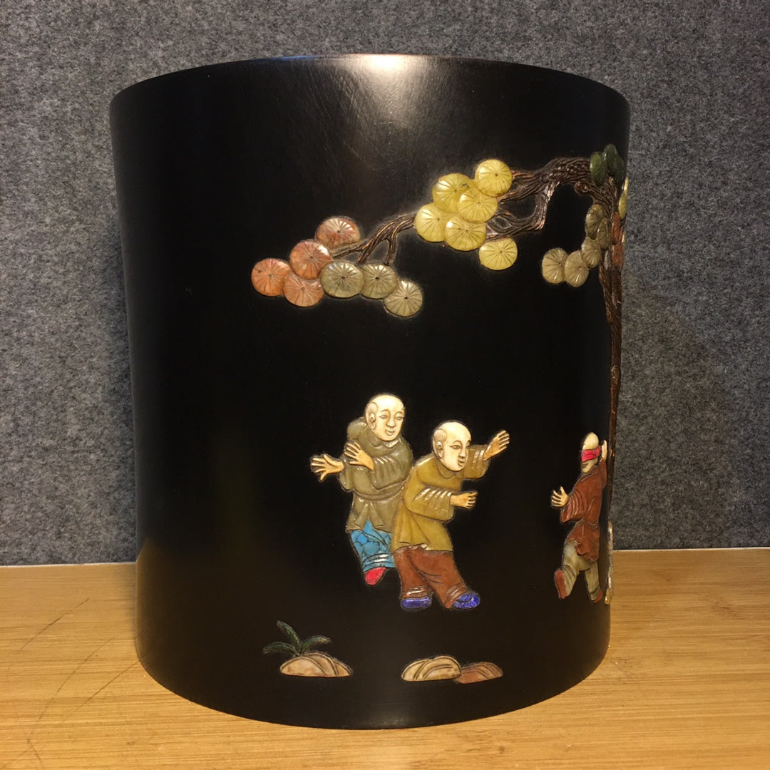 A0603 Chinese Zitan Wood Inlay Shoushan Stone & Shell & Lapis Lazuli & Turquoise Urchin Design Brush Pot