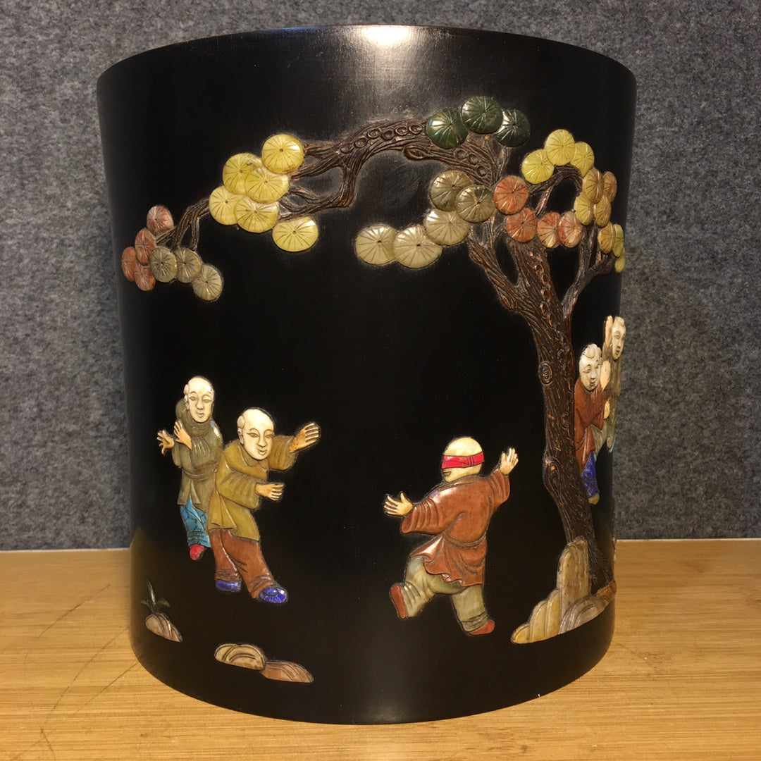 A0603 Chinese Zitan Wood Inlay Shoushan Stone & Shell & Lapis Lazuli & Turquoise Urchin Design Brush Pot
