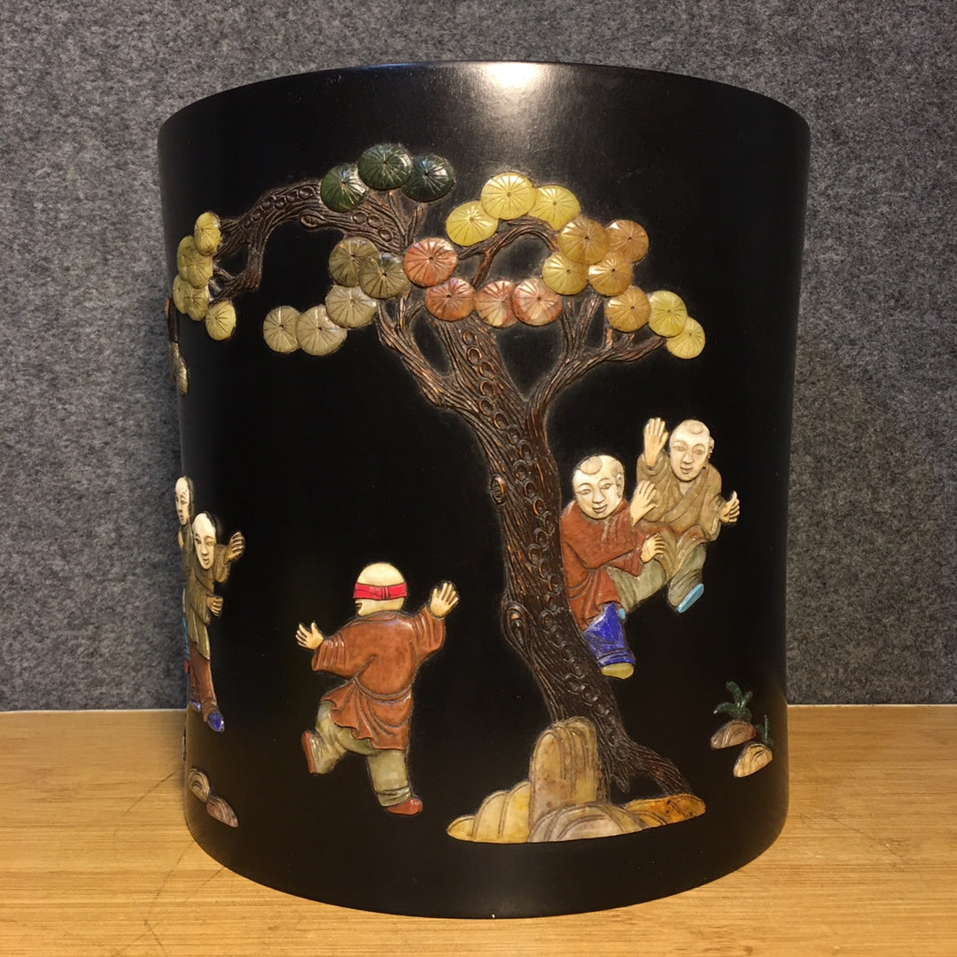 A0603 Chinese Zitan Wood Inlay Shoushan Stone & Shell & Lapis Lazuli & Turquoise Urchin Design Brush Pot