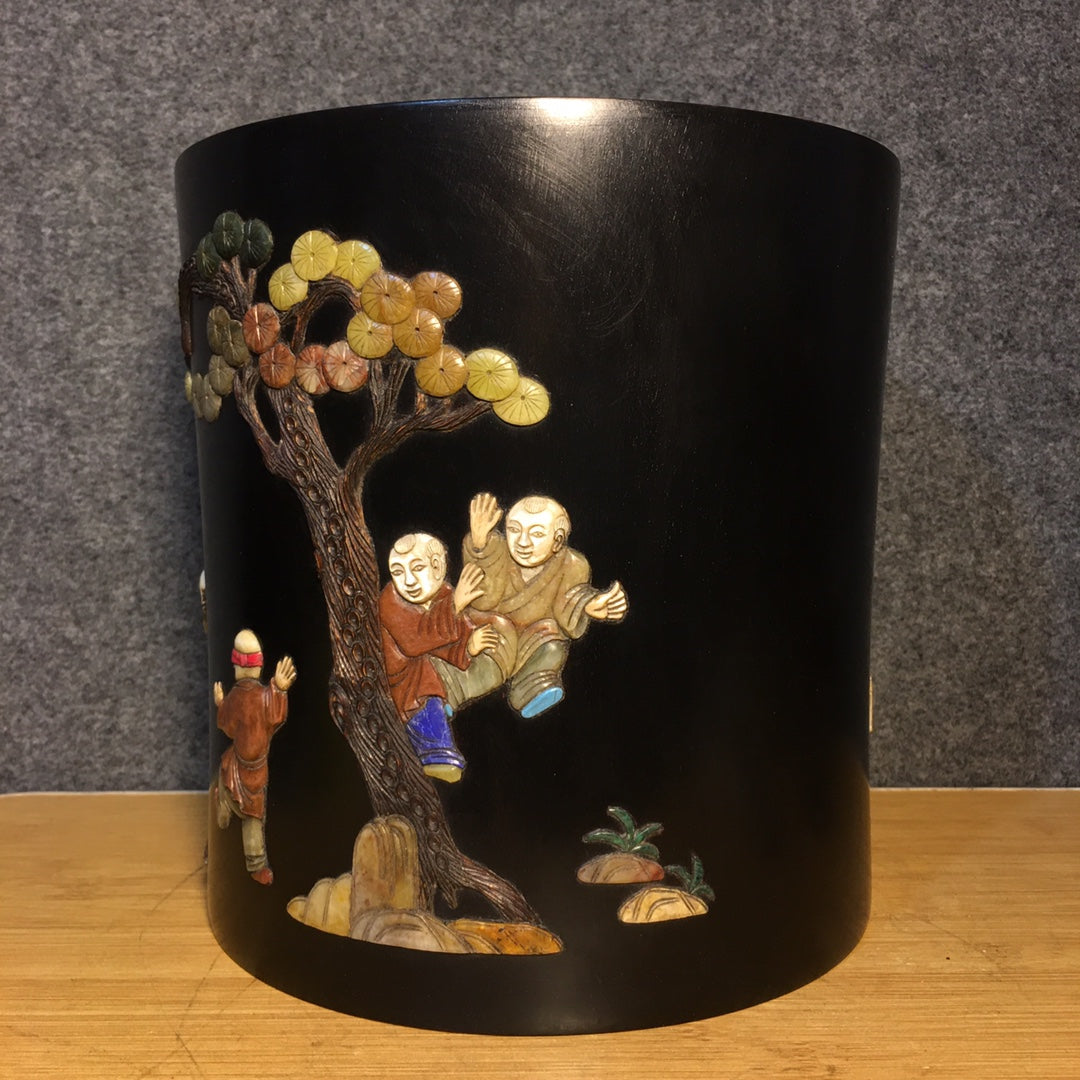 A0603 Chinese Zitan Wood Inlay Shoushan Stone & Shell & Lapis Lazuli & Turquoise Urchin Design Brush Pot