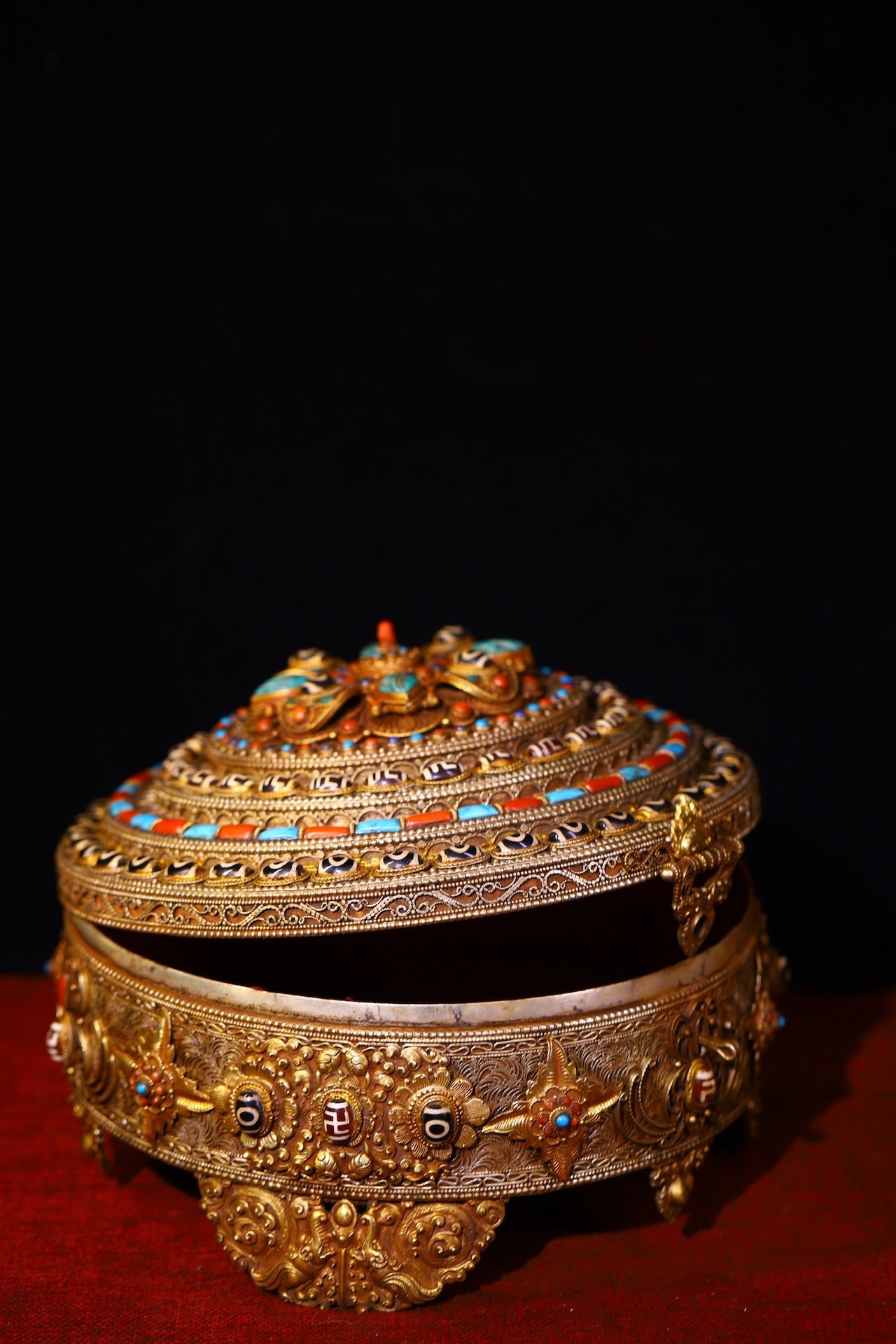 A0605 Tibetan Buddhism Gold Wire Inlay DZI Agate & Turquoise & Lapis Lazuli Jewellery Box