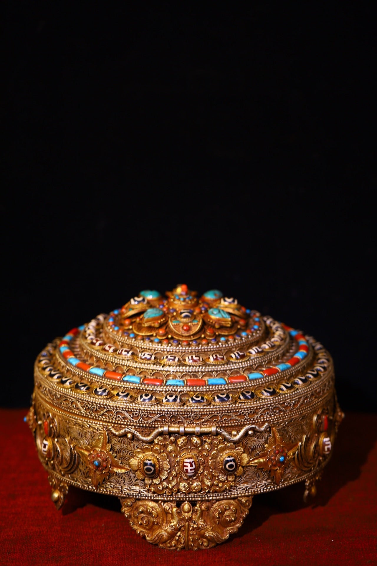 A0605 Tibetan Buddhism Gold Wire Inlay DZI Agate & Turquoise & Lapis Lazuli Jewellery Box