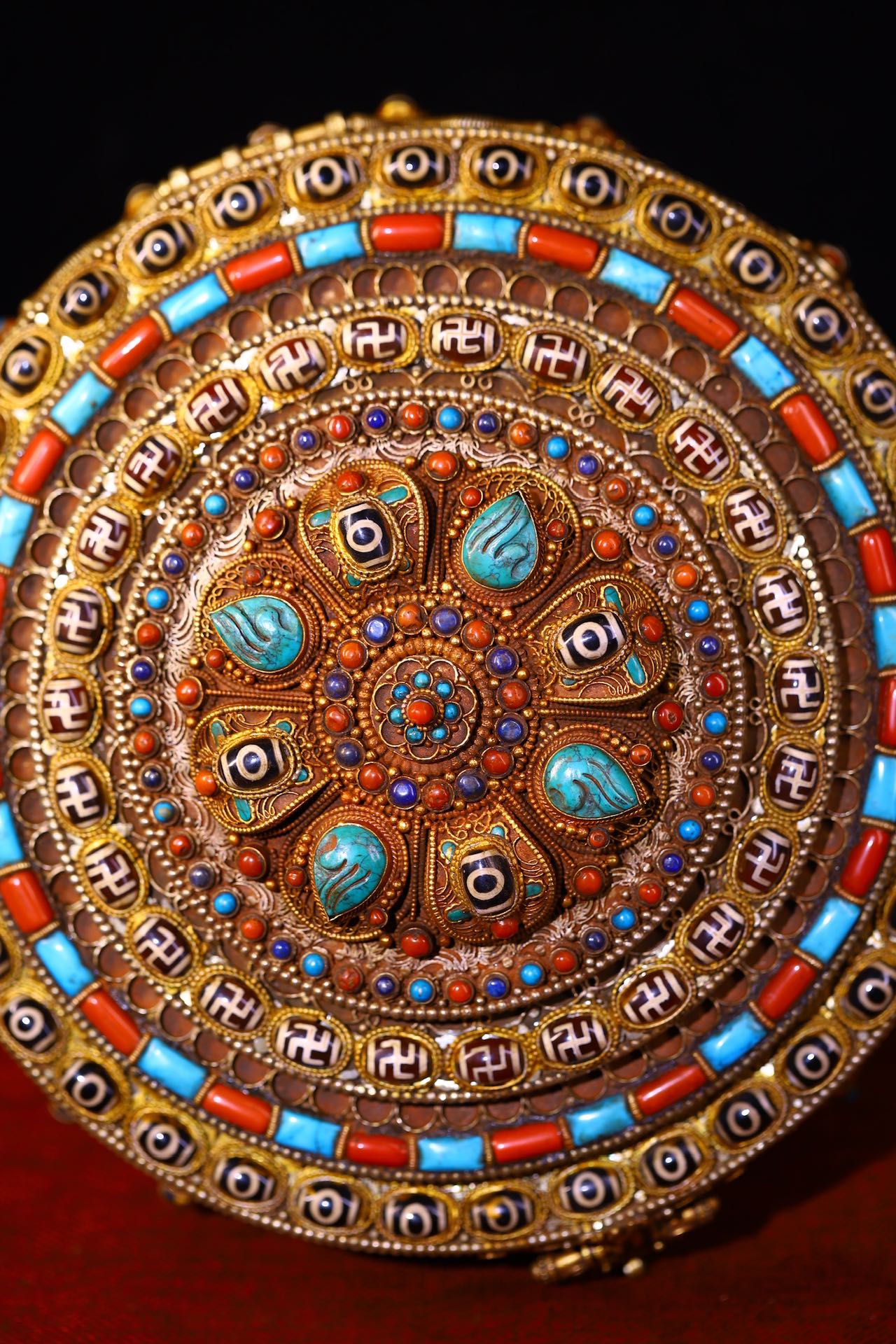 A0605 Tibetan Buddhism Gold Wire Inlay DZI Agate & Turquoise & Lapis Lazuli Jewellery Box