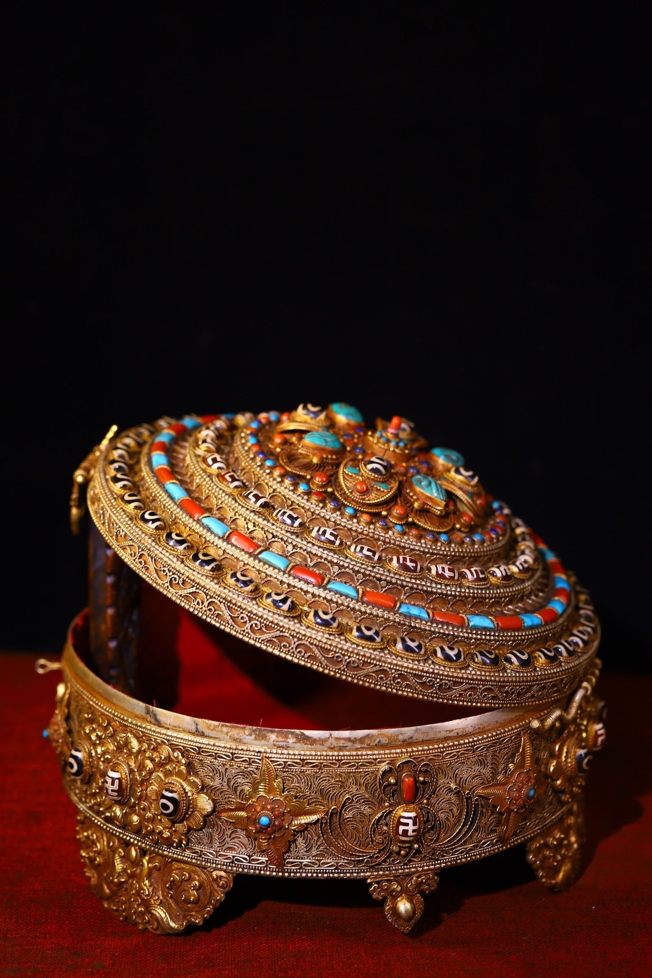 A0605 Tibetan Buddhism Gold Wire Inlay DZI Agate & Turquoise & Lapis Lazuli Jewellery Box