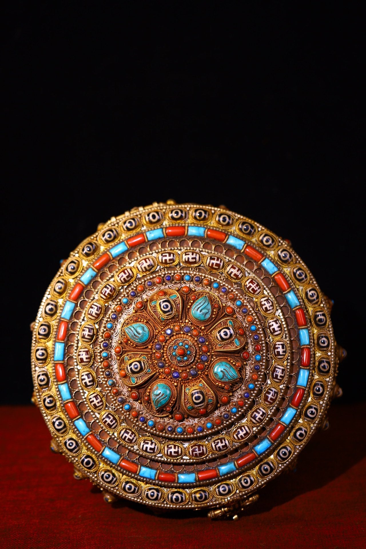 A0605 Tibetan Buddhism Gold Wire Inlay DZI Agate & Turquoise & Lapis Lazuli Jewellery Box