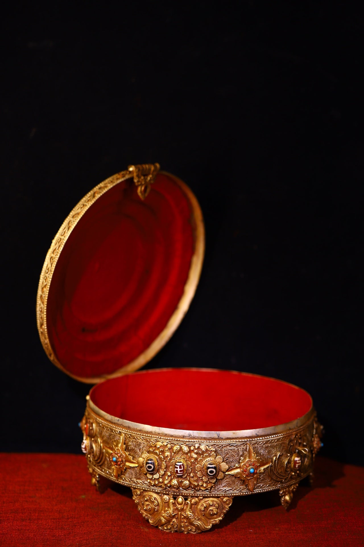 A0605 Tibetan Buddhism Gold Wire Inlay DZI Agate & Turquoise & Lapis Lazuli Jewellery Box