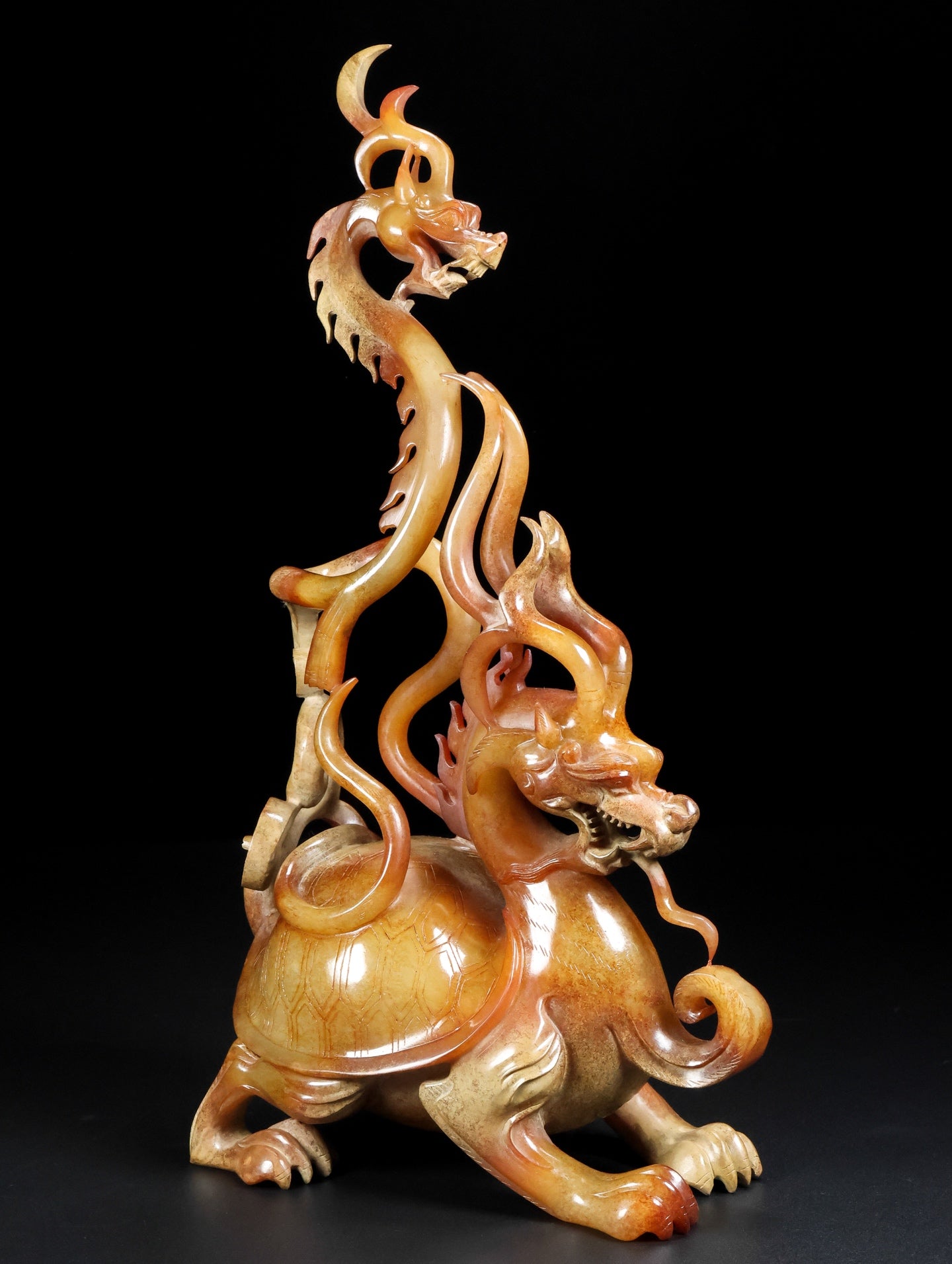 A0606 Superb Vintage Chinese Hetian Jade Carved Dragon Turtle & Dragon Statue