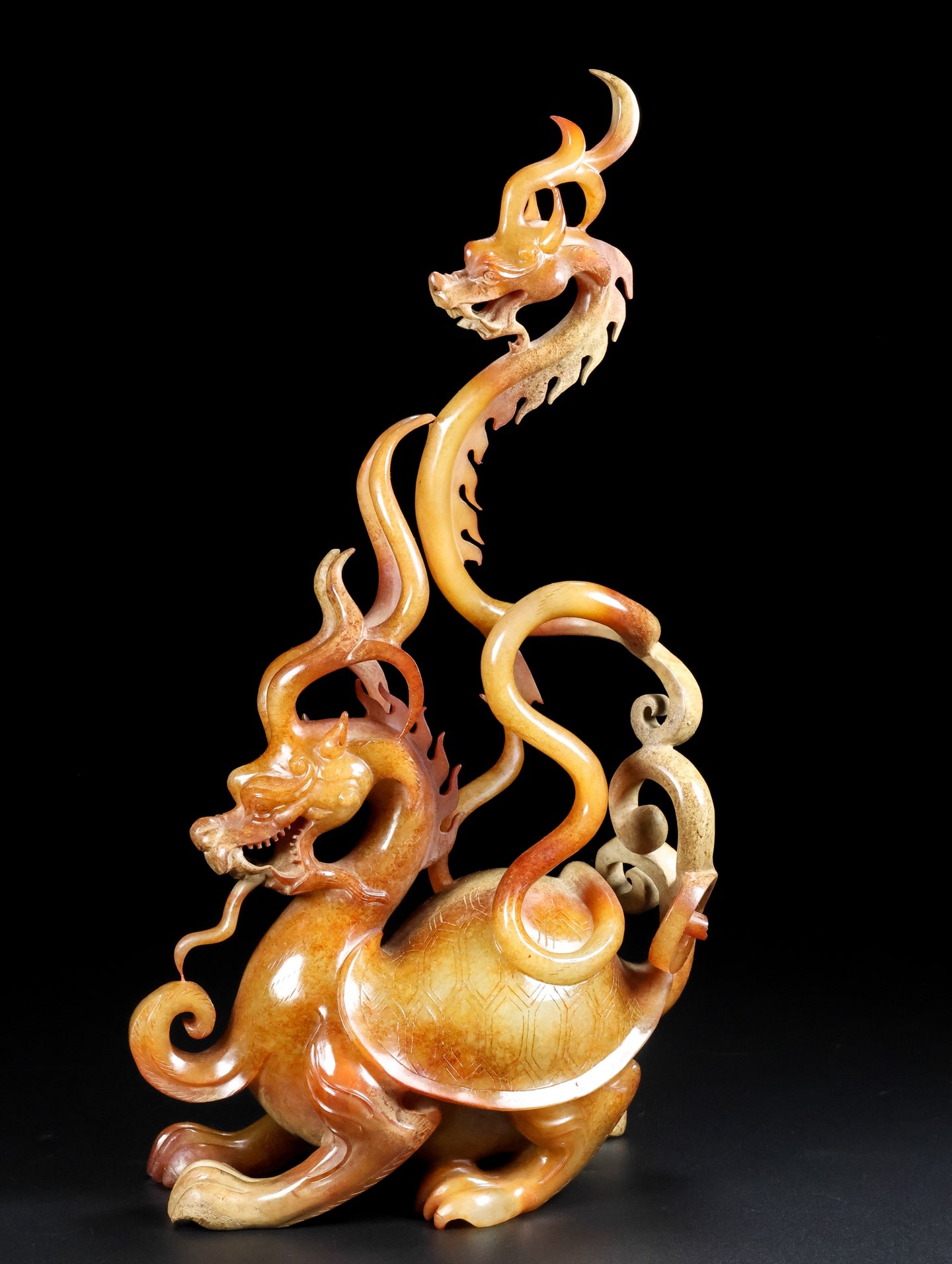 A0606 Superb Vintage Chinese Hetian Jade Carved Dragon Turtle & Dragon Statue