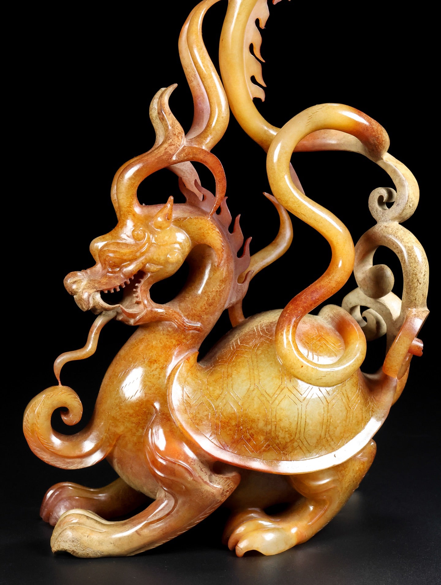 A0606 Superb Vintage Chinese Hetian Jade Carved Dragon Turtle & Dragon Statue
