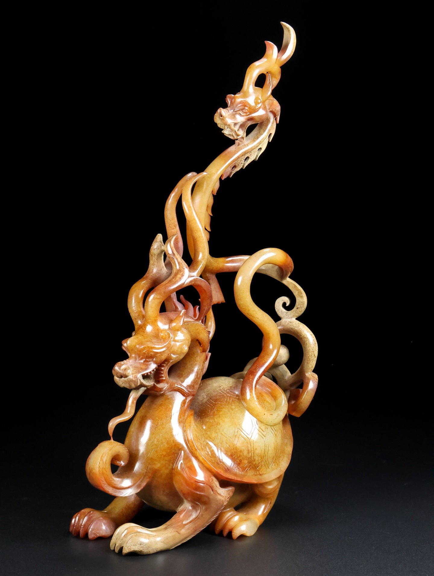 A0606 Superb Vintage Chinese Hetian Jade Carved Dragon Turtle & Dragon Statue