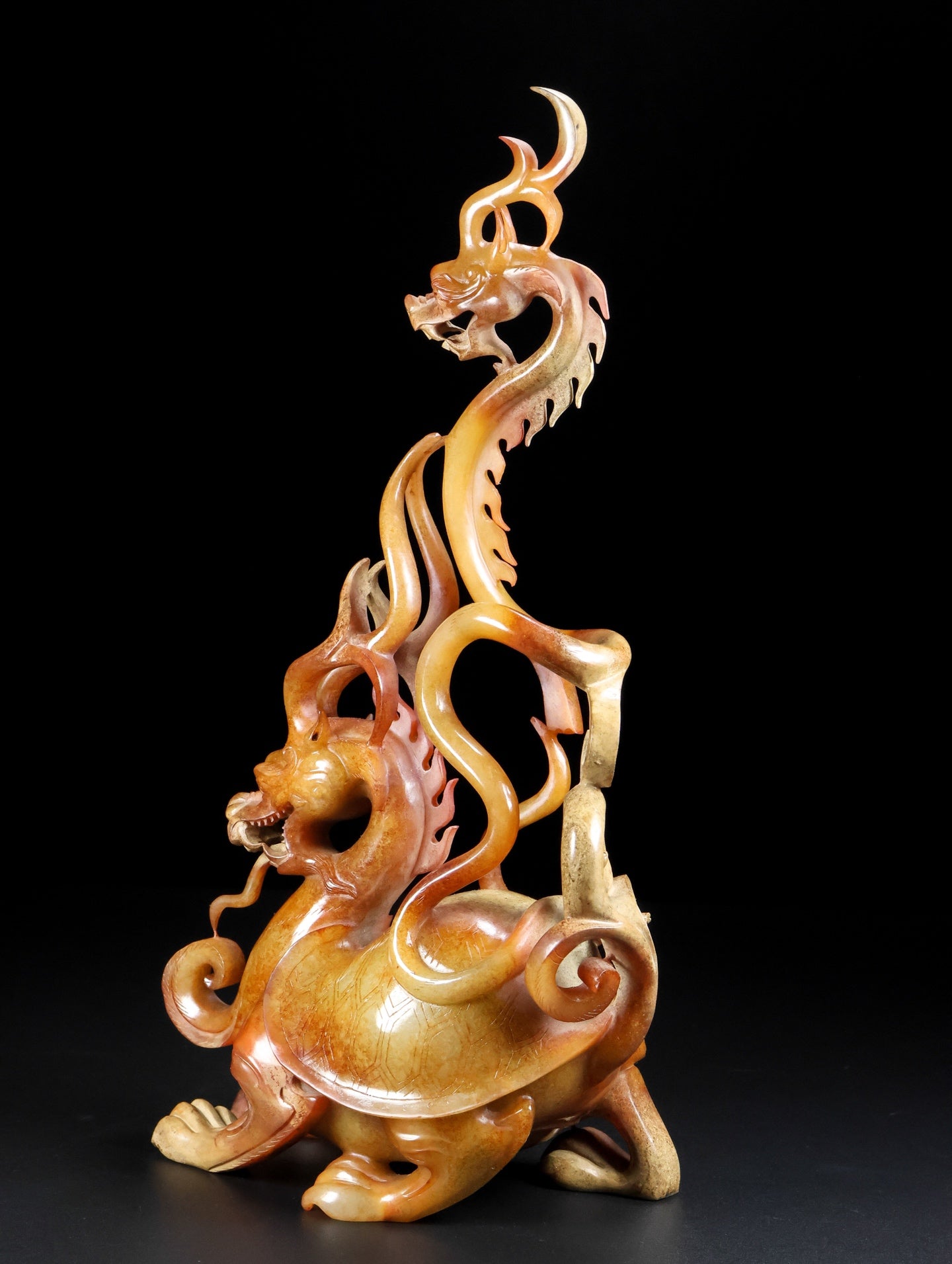 A0606 Superb Vintage Chinese Hetian Jade Carved Dragon Turtle & Dragon Statue