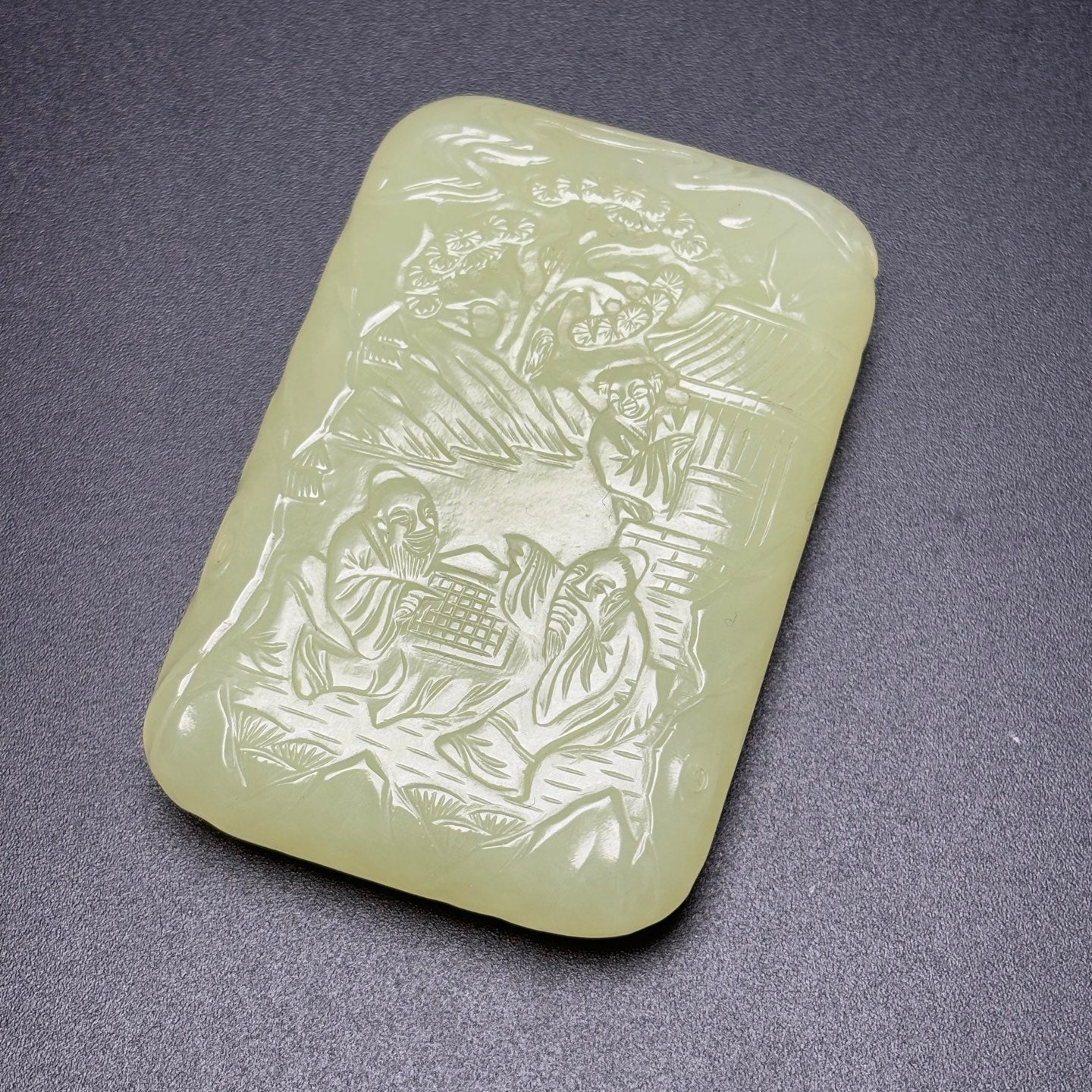 A0609 Chinese Natural Hetian Jade Low Relief Playing Chess Old Men Pendant