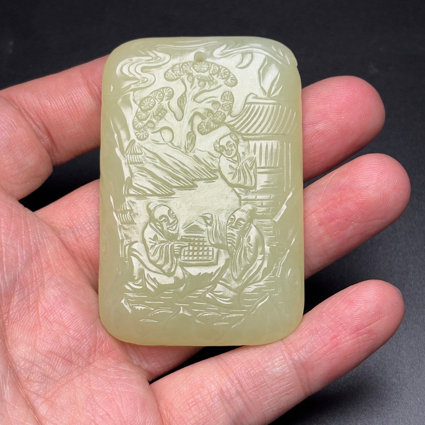 A0609 Chinese Natural Hetian Jade Low Relief Playing Chess Old Men Pendant