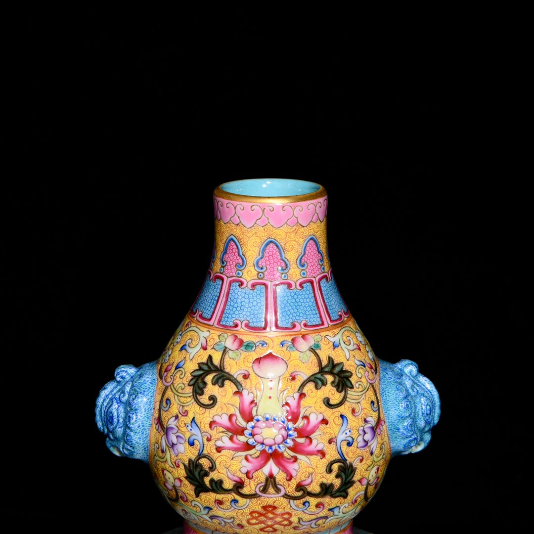 A0614 Chinese Gilt Edge Famille Rose Enamel Flowers Bird Design Gourd Shape Porcelain Vase