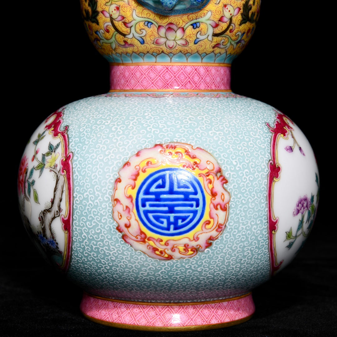 A0614 Chinese Gilt Edge Famille Rose Enamel Flowers Bird Design Gourd Shape Porcelain Vase
