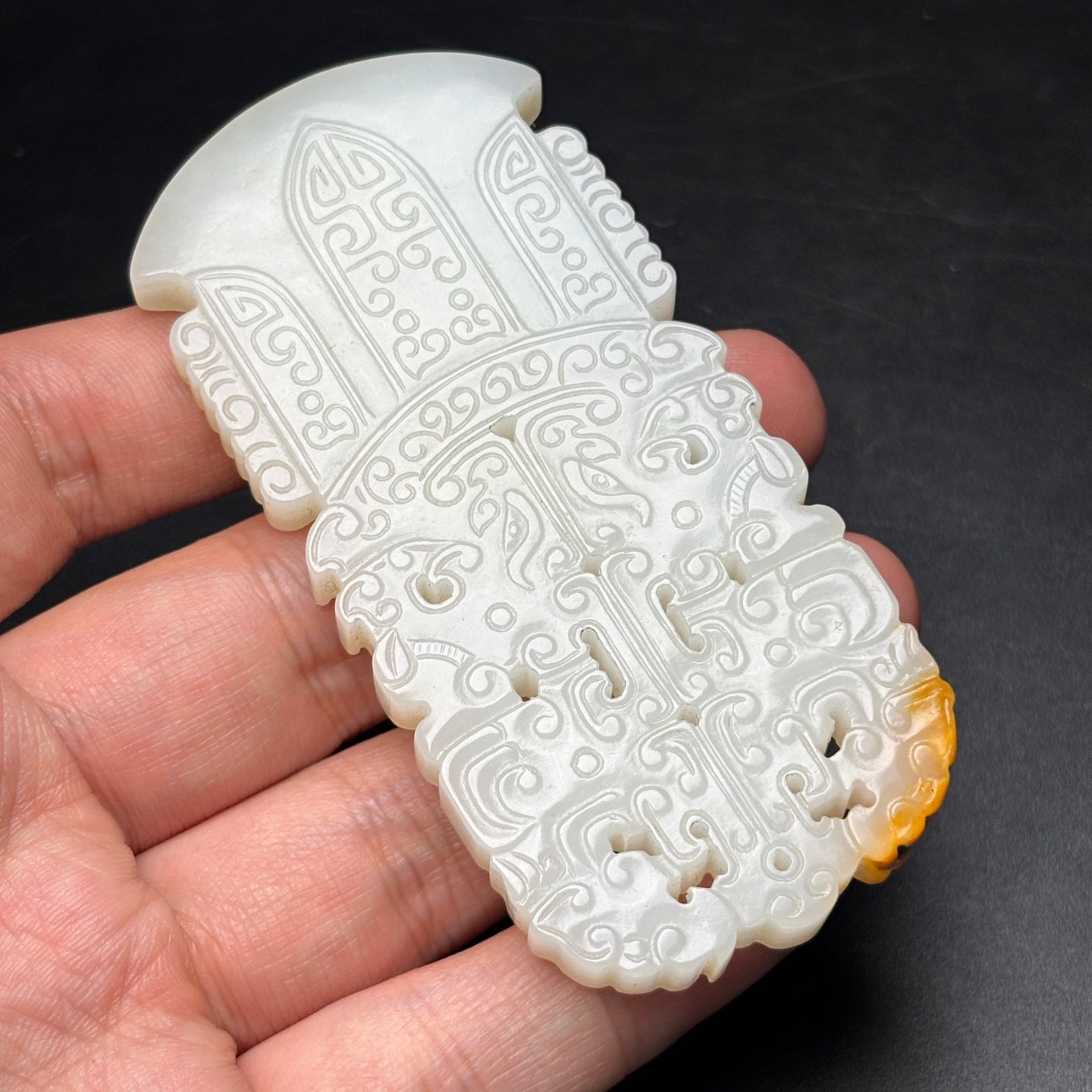 A0616 Chinese Natural Hetian Jade Low Relief Beast Face Axe Pendant