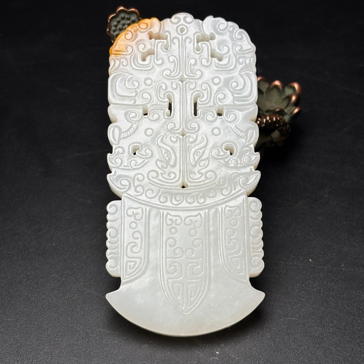 A0616 Chinese Natural Hetian Jade Low Relief Beast Face Axe Pendant
