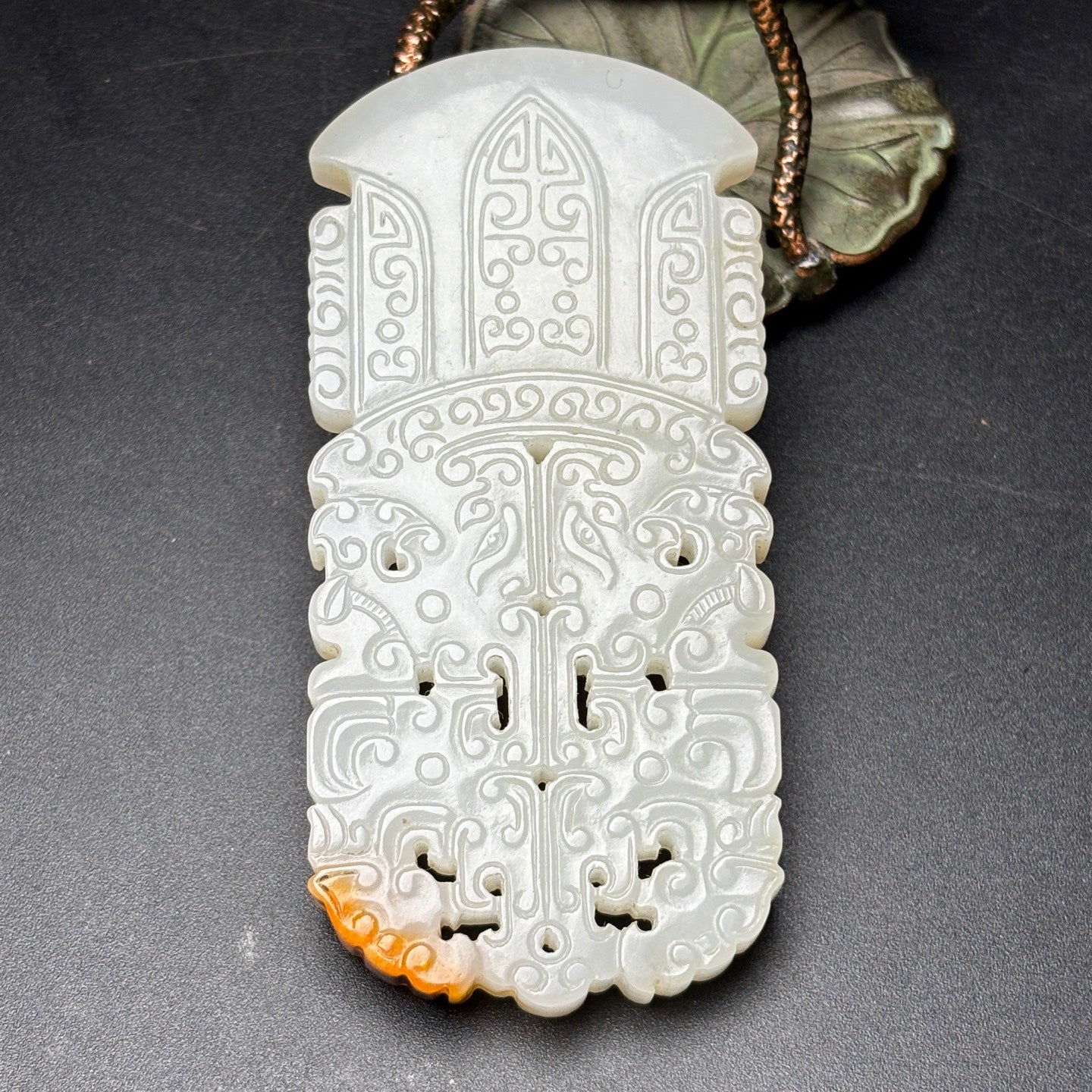 A0616 Chinese Natural Hetian Jade Low Relief Beast Face Axe Pendant