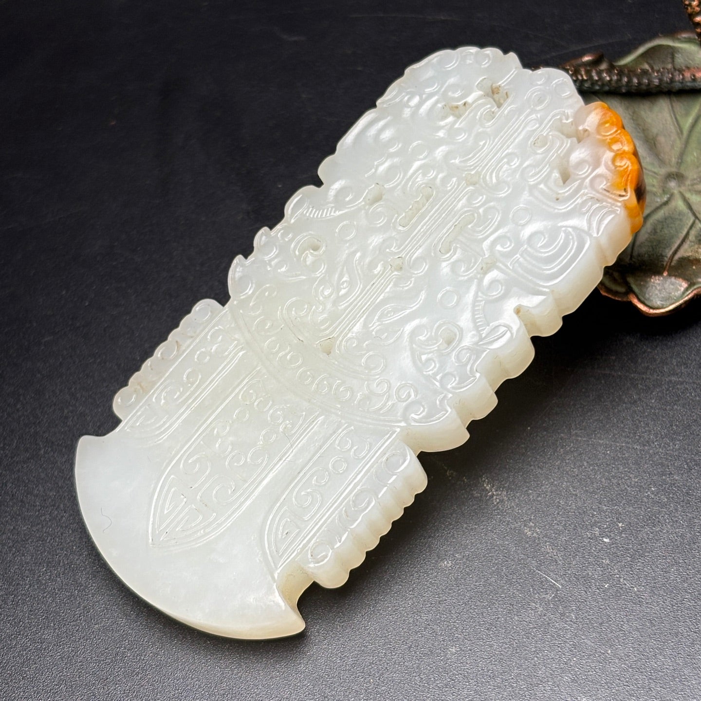 A0616 Chinese Natural Hetian Jade Low Relief Beast Face Axe Pendant
