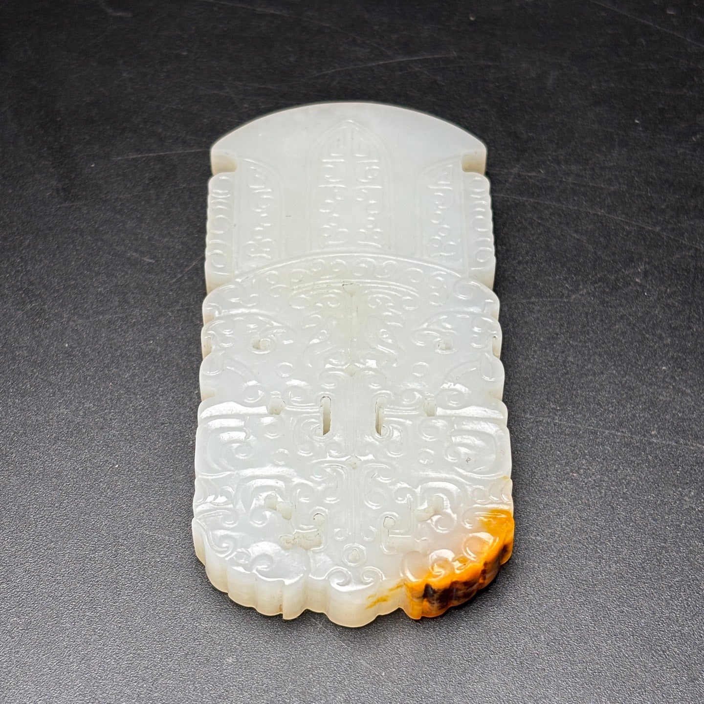A0616 Chinese Natural Hetian Jade Low Relief Beast Face Axe Pendant