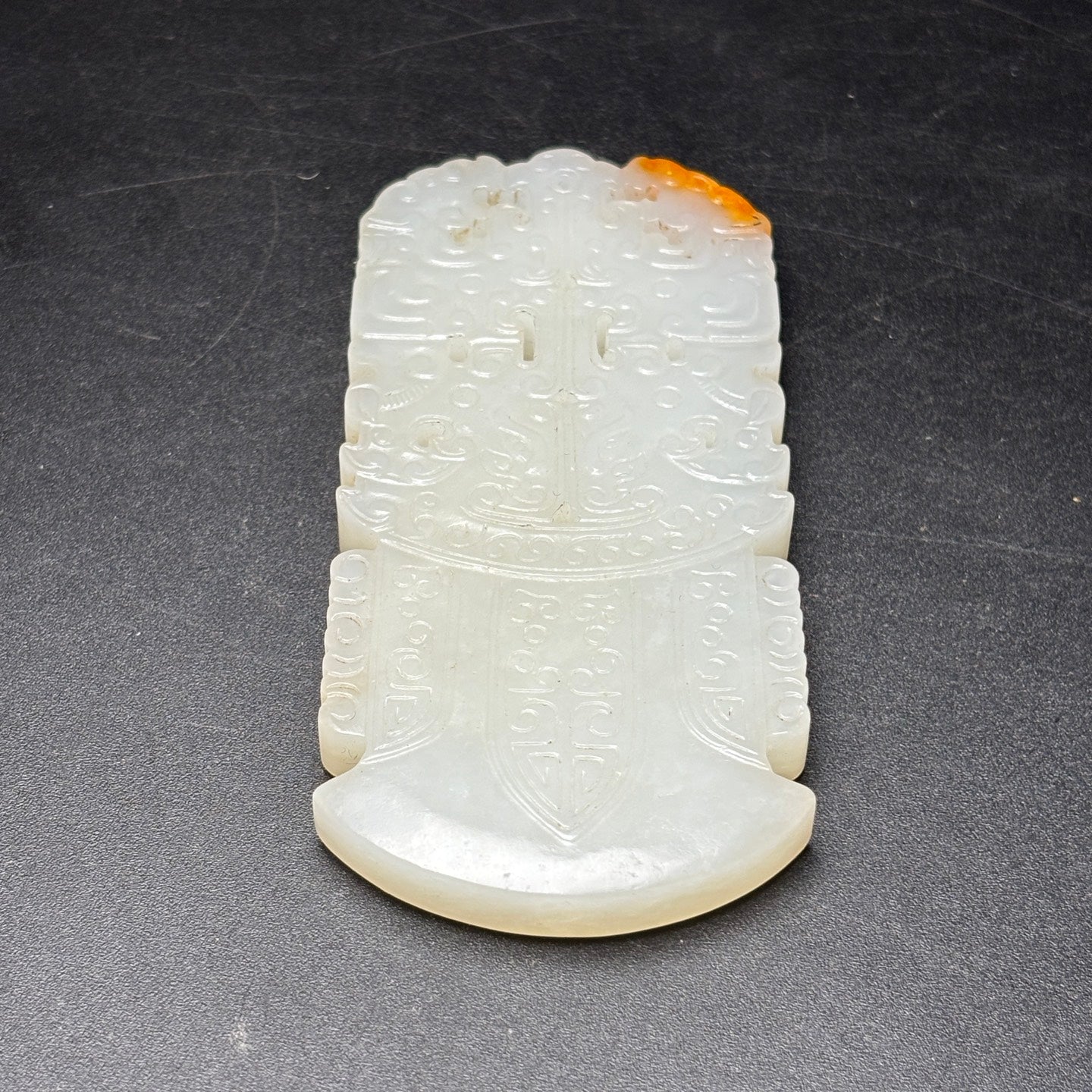 A0616 Chinese Natural Hetian Jade Low Relief Beast Face Axe Pendant