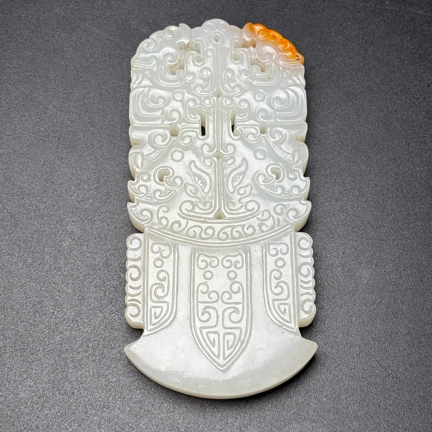 A0616 Chinese Natural Hetian Jade Low Relief Beast Face Axe Pendant